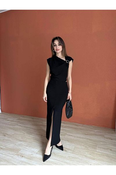 Nisa Luxury Boutique Shoulder Gold Buckle Detail Low Sleeve Bluz Slit Detail Skirt Suit
