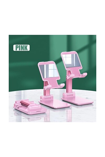 MAB Aynalı Katlanabilir Telefon Tutucu Stand - Pembe - Ayarlanabilir Kademeli...