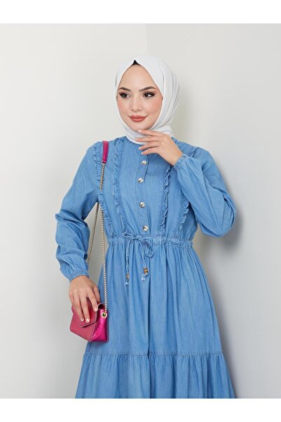 HARMAN BUTİK Women's Button Detailed Ruffle Jeans Dress