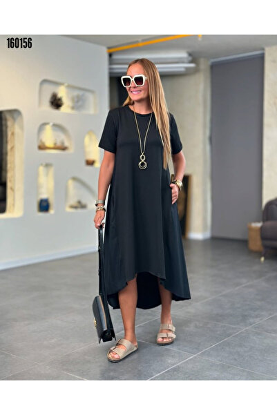 Modayakamoz Kadın Elbise Kısa Kollu Bisiklet Yaka Asimetrik Kesim Ön Viskon Arkası Trikoton