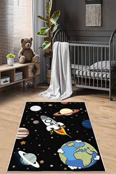 VOPTEKS Siyah Çocuk Odası Halısı Leke Tutmaz Makinede Yıkanabilir Kaymaz Taba...