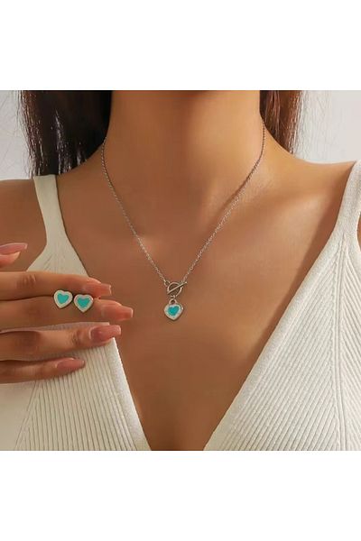 Choice AMS70271 Fashion Blue Heart OT Buckle Necklace Tiny Stud Earrings Set Women's Charming Delicate Sil