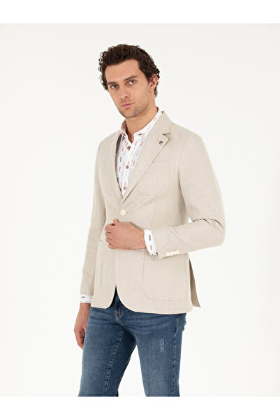 Cacharel Ekru Slim Fit İpek Keten Karışımlı Ceket 50264753-VR019