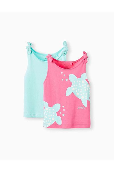 Ziddy Pack of 2 Cotton Tops for Baby Girls 'Turtle', Pink/Aqua Green