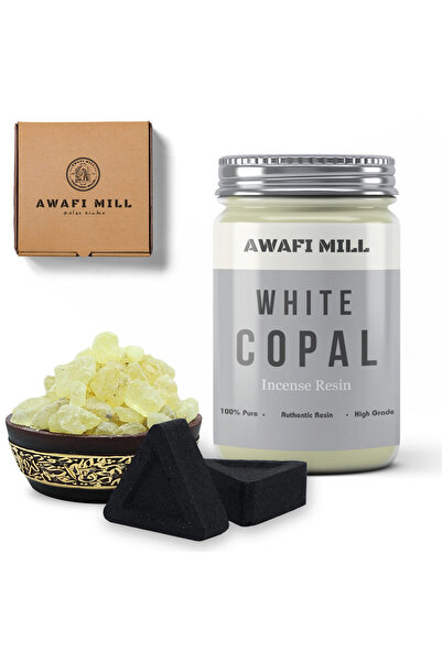 AWAFI MILL كوبال أبيض مع أقراص فحم مثلثة - زجاجة 100 جرام مع 20 قطعة فحم