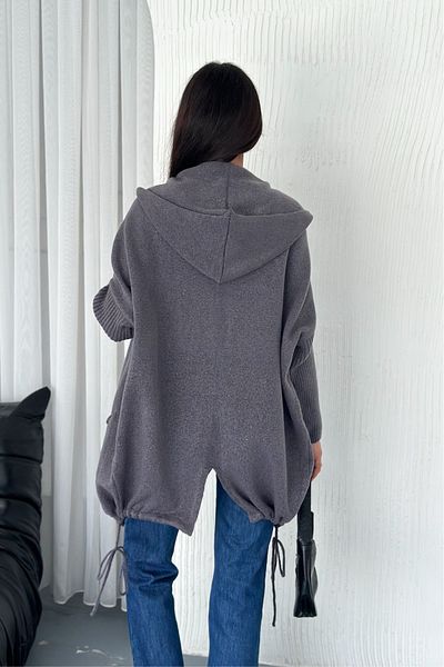 FEMELLE Women's Smoked Bat Sleeve Double Pocket Hooded Loose Flowy Loose Oversize Standard Size Knitwear Cardigan