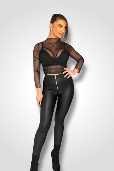 BOMBFIT Colanti Zipper Corset Leather, talie inalta, cu fermoar