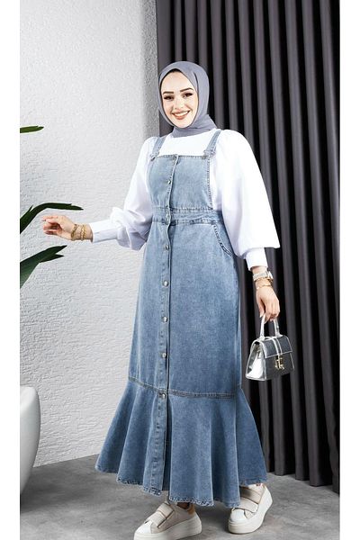 HARMAN BUTİK Women's Strap Skirt with Rubbed Denim Salopette