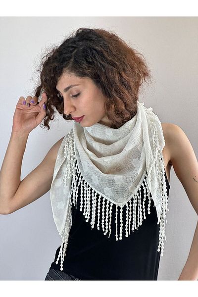 Gönülden Tasarım White Knitting Fabric Flowery Women's Fur Shawl 160X54 cm