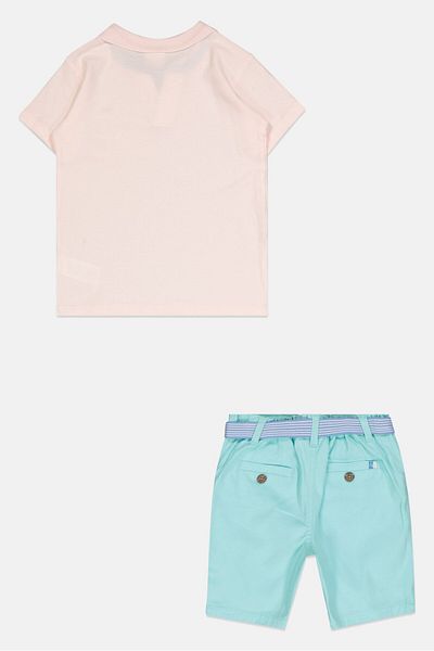 Fudo Toddlers Boy 2 Pcs Embroidered Logo Polo Shirt And Belted Shorts Set, Multicolor
