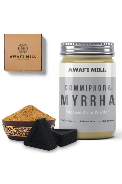 AWAFI MILL مسحوق راتنج المر مع أقراص الفحم المثلثة - زجاجة 100 جرام مع 20 قطعة فحم