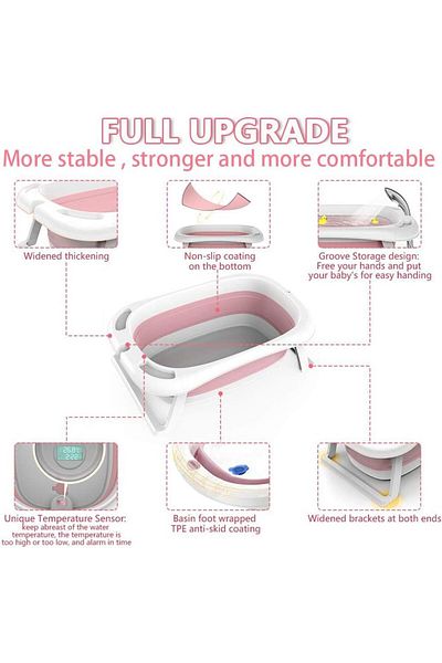 Yelajoy Baby Bath Tub,Non-Slip Foldable,with Heat Thermometers and Floating Bath Pillow for Newborn,Pink