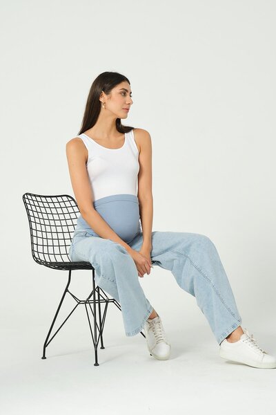 BUSA Maternity Stretchy Tummy Band Waist Adjustable Wide Leg Jeans Pants Light Blue