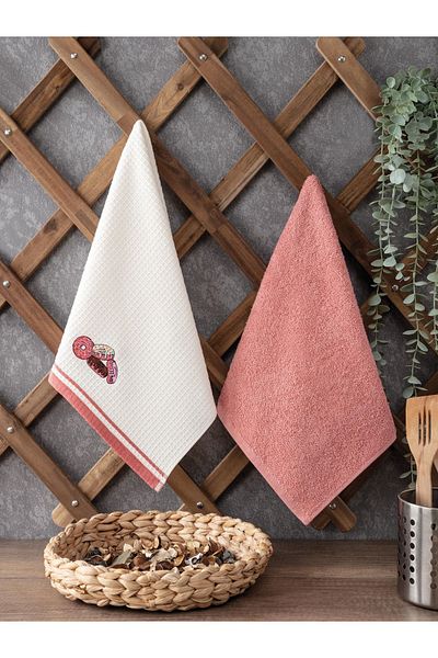 Sevim Dried Rose Color 2-piece Kitchen Towel - Donut Embroidered