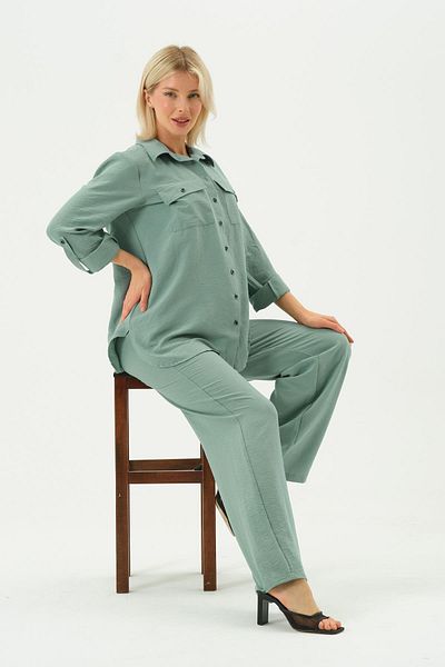 BUSA Pregnant Loose Wide Leg Adjustable Waist Shirt Suit Green