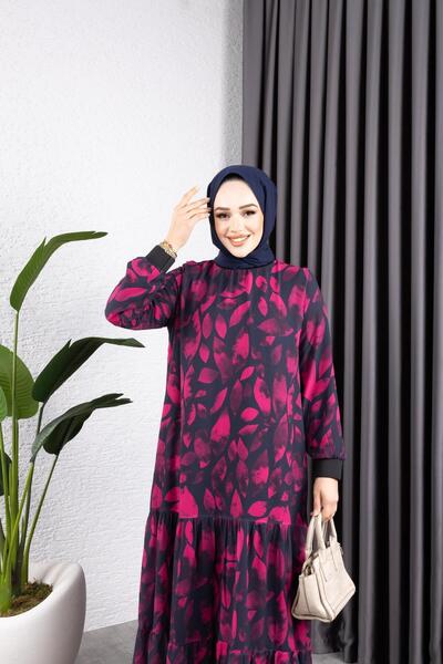 HARMAN BUTİK Γυναικείο φόρεμα σιφόν με φύλλα με επένδυση