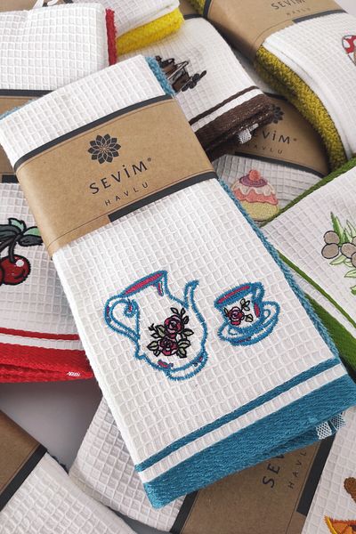 Sevim Petrol Color 2-piece Kitchen Towel - Jug Embroidered