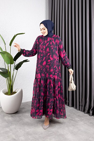 HARMAN BUTİK Γυναικείο φόρεμα σιφόν με φύλλα με επένδυση