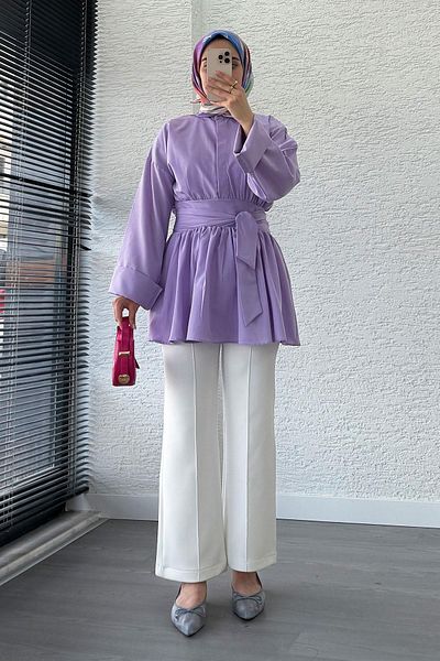 MELEK ARAZ Waist Belted Poplin Tunic-Lilac