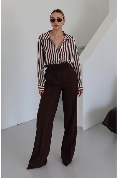Laluvia Brown Elastic Waist Front Stitched Polyviscon Trousers - 50741