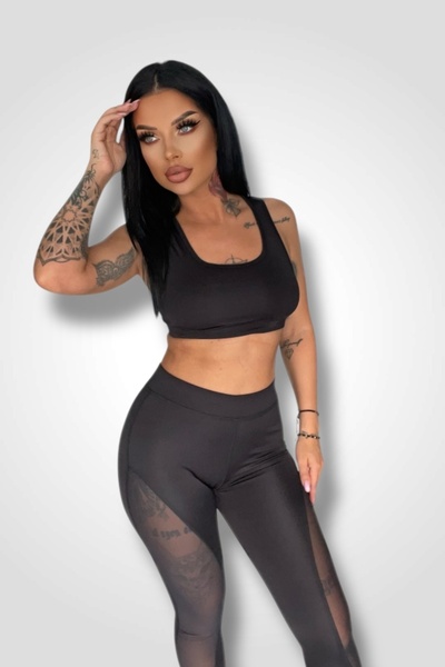 BOMBFIT Black Mesh Two-Piece Set (Leggings and Bustier), Black