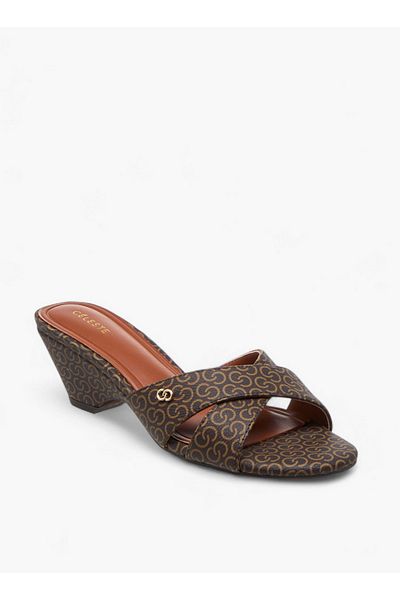 Celeste Women's Monogram Print Cross Strap Sandals with Block Heels