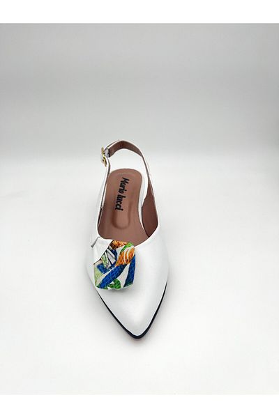 Mariolucci Women's Small Heel Shoes Bow Detailed White (Leaf Print) Genuine Leather