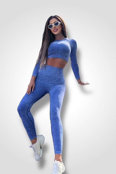 BOMBFIT Set compleul de dama din două piese, cu maneca lunga. de sala, fitness, Azure