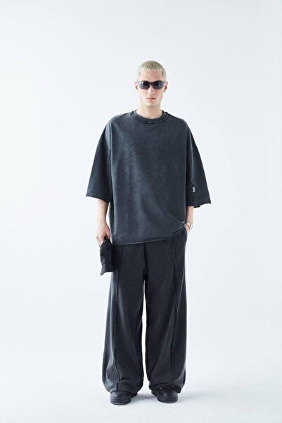 VAMOSCLO طقم بدلة رياضية كبيرة الحجم بتفاصيل خياطة - أسود