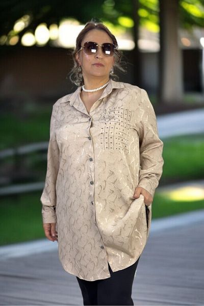 yagmurberen Stone-Embroidered Pearl Front Button Long Sleeve Oversized Jacquard Satin Shirt Tunic