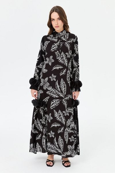 Esswaap Ivy Patterned Ruffle Detailed Dress Black