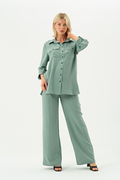 BUSA Pregnant Loose Wide Leg Adjustable Waist Shirt Suit Green