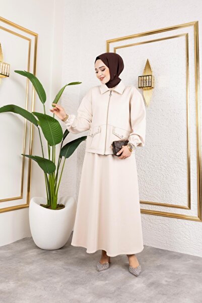 HARMAN BUTİK Women's 2-Piece Pocket Stone Detailed Skirt and Jacket Sucuba Set