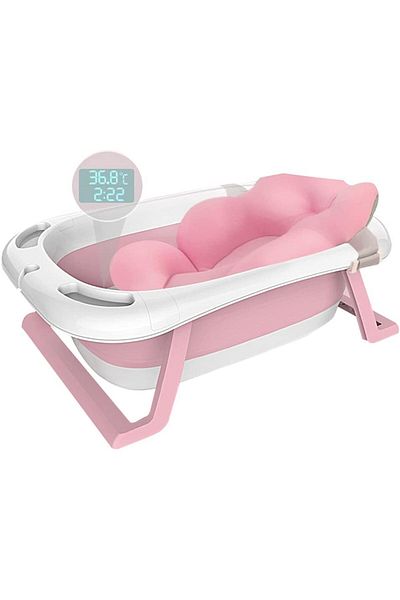 Yelajoy Baby Bath Tub,Non-Slip Foldable,with Heat Thermometers and Floating Bath Pillow for Newborn,Pink