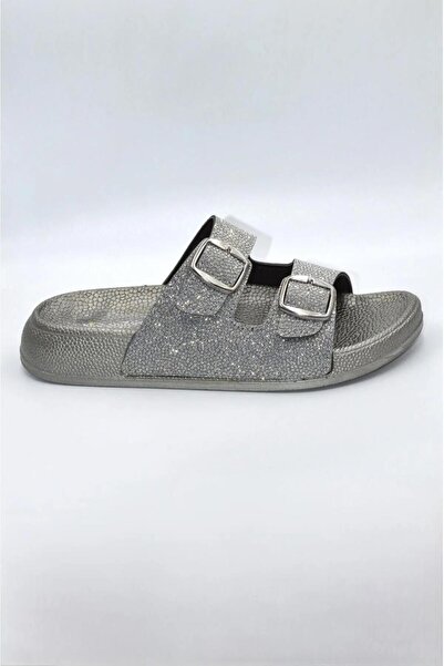 Büşra Sultan Ayakkabı & Çanta Kadın Füme Simli Ortopedik Yumuşak Tabanlı Çift Tokalı Günlük Rahat Terlik