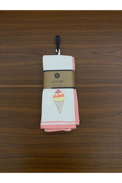 Sevim Salmon Color 2-piece Kitchen Towel - Ice Cream Embroidered
