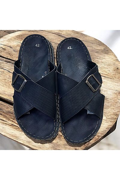 KAFKASLAR AYAKKABI Black Brown Soft Men's Dad Slippers with Cross Buckle Detail