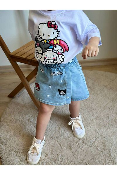 Tiny Girl's Hello Kity and Kurami Detailed Denim Shorts Skirt and T-Shirt Bottom Top Set