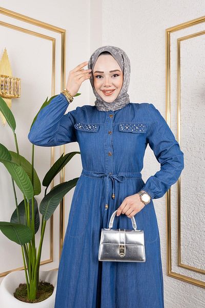 HARMAN BUTİK Women's Pearl Stone Detailed Waist Strapped Jeans Dress