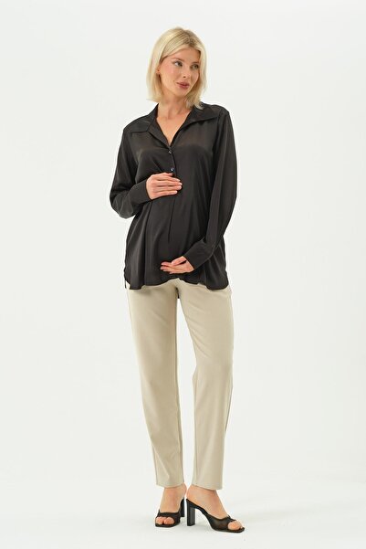 BUSA Hamile Uzun Kollu Saten Gömlek SİYAH