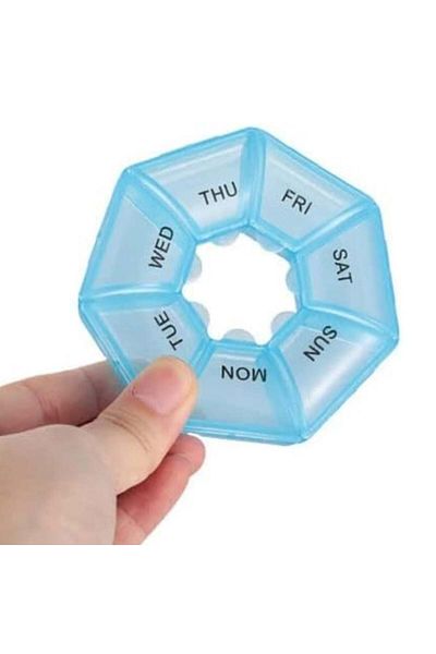 PUFO Round box for organizing medicines, vitamins or supplements for a week, Pufo Pill, 9 cm, blue