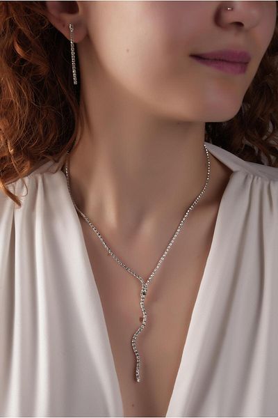 Çlk Accessories Premium Evening Dress Necklace Zircon Stone Wavy Waterway Necklace-Earrings Set 559400