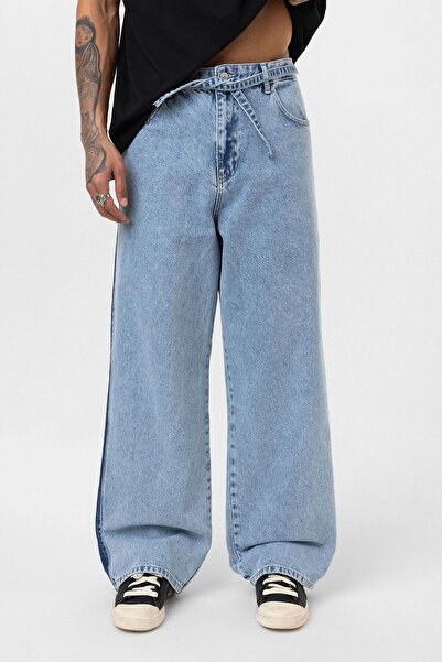 VAMOSCLO Kemer Detaylı Şeritli Baggy Jean Açık Mavi Melanj