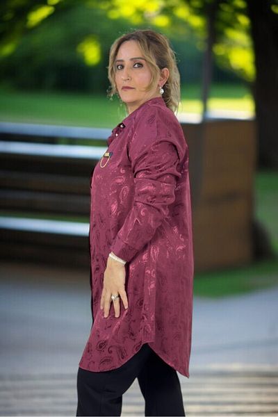 yagmurberen Pearl Front Button Long Sleeve Oversized Jacquard Satin Shirt Tunic with Chain Accessories