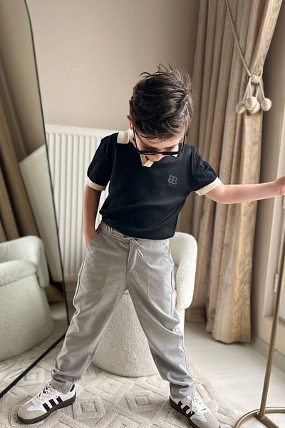 Minigimin Cicileri My Mini's Ciceleri Polo Collar Boy's T-Shirt and Pants 2-Piece Set - Gray