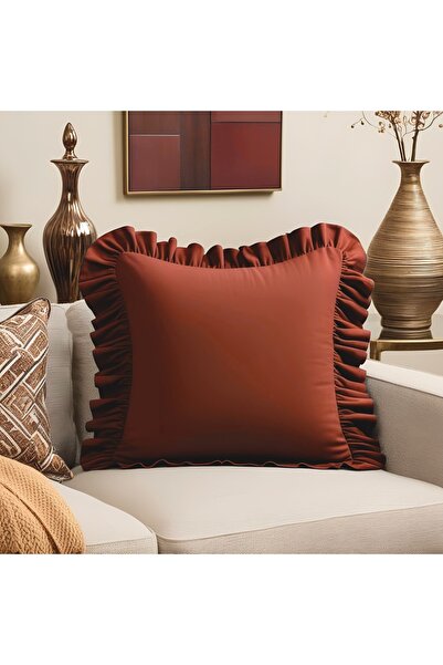 Bc Home Kiremit Kadife Görünümlü Country Fırfırlı Kare Kırlent Kılıfı Yumuşak...