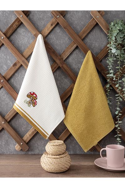 Sevim Mustard Color 2-piece Kitchen Towel - Mushroom Embroidered