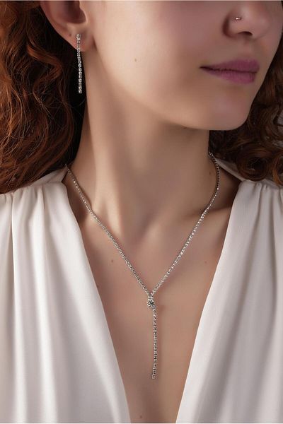 Çlk Accessories Premium Evening Dress Necklace Zircon Stone Waterway Necklace-Earrings Set 597200