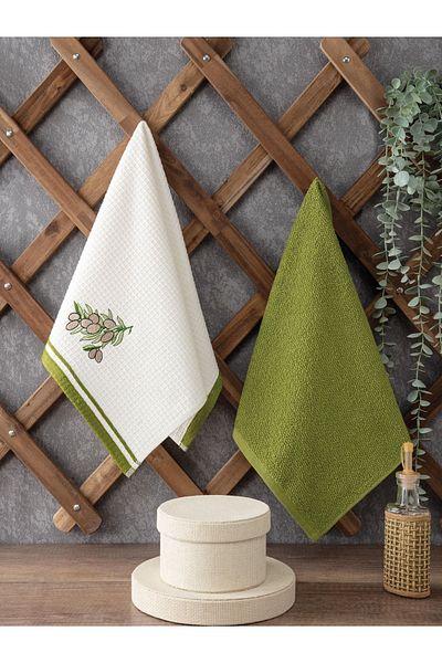 Sevim Set Prosoape Bucatarie Bumbac Figurat Ecru si Verde - 40x60 Cm