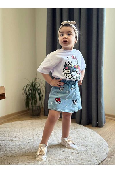 Tiny Girl's Hello Kity and Kurami Detailed Denim Shorts Skirt and T-Shirt Bottom Top Set